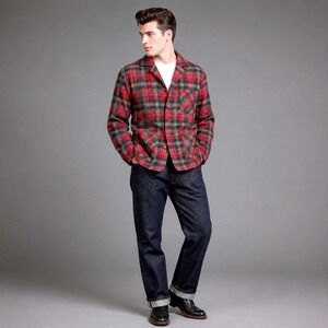 VTG 50s Pendleton Topster‎ Jacket M Wool Plaid Red Rockabilly Leather Btn 23PTP